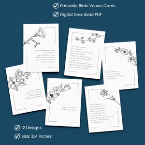 May include: A collection of 12 printable Bible verse cards, each 3x4 inches, featuring floral line art and inspirational quotes. The cards are designed with a minimalist aesthetic, perfect for daily inspiration or gifting.
