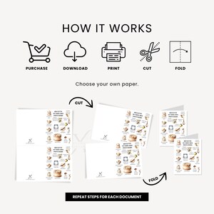 Pu&ograve; includere: Un grafico didattico con le parole "How It Works" in alto. I passaggi sono acquista, scarica, stampa, taglia e piega. L'immagine mostra i passaggi per creare un documento con una ricetta. Il testo "Ripeti i passaggi per ogni documento" &egrave; in basso.