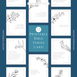 12 tarjetas con versículos bíblicos para la ansiedad Impresiones de versículos bíblicos Tarjetas de memoria bíblicas Paquete de tarjetas con notas florales minimalistas Tarjetas con versículos bíblicos para descargar