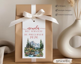 Spanish 2026 Pioneer School Tags Printable JW Gift Tags Labels For Pioneer Service School PSS Digital Download PDF Watercolor Mountain