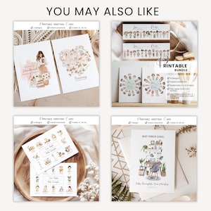 Pu&ograve; includere: Una collezione di biglietti di auguri stampabili con vari disegni. I biglietti presentano illustrazioni ad acquerello di persone, fiori e citazioni ispiratrici. Il testo "You May Also Like" &egrave; in alto.