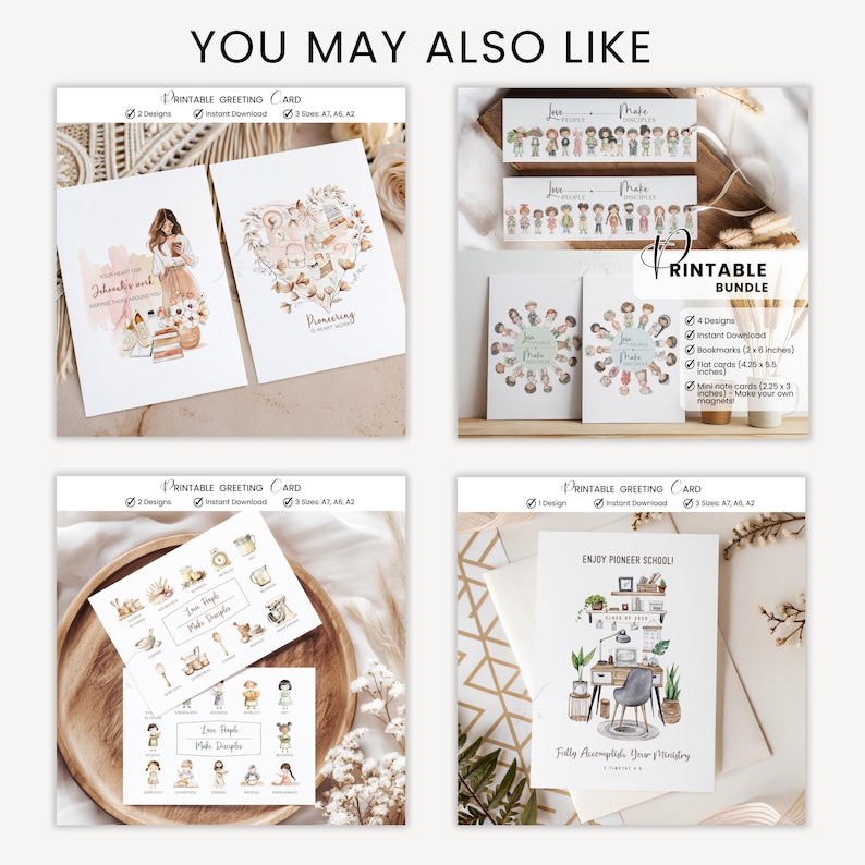 Pu&ograve; includere: Una collezione di biglietti di auguri stampabili con vari disegni. I biglietti presentano illustrazioni ad acquerello di persone, fiori e citazioni ispiratrici. Il testo "You May Also Like" &egrave; in alto.