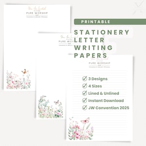 Papel de papelería para escribir cartas de la Convención de los TJ de 2025, imprimible, con y sin rayas, descarga instantánea en PDF, papelería con mariposas y flores.