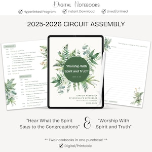 Op de afbeelding: Digitale notitieboekenset voor de Circuitvergadering 2025-2026, met het thema "Aanbidden met Geest en Waarheid". Bevat een digitaal notitieboek met programma en gelijnde/ongelijnde pagina's. Direct downloaden.