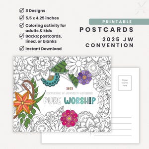 2025 JW Convention, Pure Worship Convention, druckbare Postkarten, JW Geschenkidee, Färbung für Erwachsene und Kinder, JW Pure Worship Convention