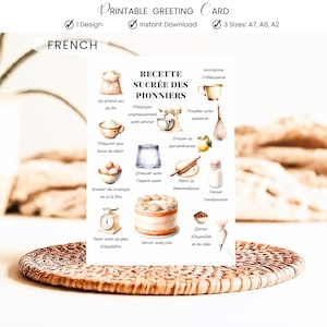 Pu&ograve; includere: Un biglietto di auguri stampabile con una ricetta francese per un dolce. La carta presenta illustrazioni di ingredienti e strumenti per la cottura, tra cui un mixer, una frusta e una bilancia. Il testo include frasi come "Mescolare con cura con amore" e "Servire con gioia".