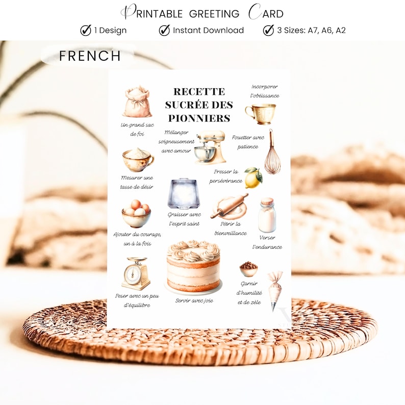Pu&ograve; includere: Un biglietto di auguri stampabile con una ricetta francese per un dolce. La carta presenta illustrazioni di ingredienti e strumenti per la cottura, tra cui un mixer, una frusta e una bilancia. Il testo include frasi come "Mescolare con cura con amore" e "Servire con gioia".