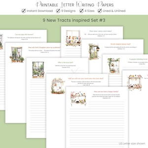 May include: Printable letter writing papers with different designs. The papers feature watercolour illustrations of windows, birds, and floral arrangements. Each sheet includes a Bible verse and is available in US Letter size.