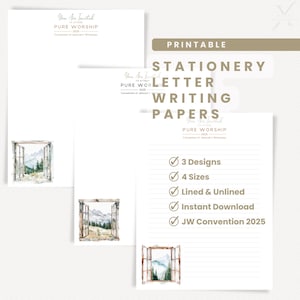 Papel de papelería para escribir cartas para la Convención de los TJ de 2025, imprimible, con y sin rayas, descarga instantánea en formato PDF, montañas estacionarias, ventanas