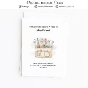 May include: A white greeting card with the text "THANK YOU FOR BEING A TOOL IN Jehovah's hand." An illustration of a toolbox filled with various tools is below the text. The card also includes the text "UNLESS JEHOVAH BUILDS THE HOUSE, IT IS IN VAIN THAT ITS BUILDERS WORK HARD ON IT. -PSALM 127:1."