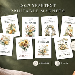 May include: Eight rectangular printable magnets featuring the text Trust in Jehovah and Psalm 118:1. Each magnet displays unique floral illustrations including lemons, sunflowers, and lanterns. The set is labeled as 3 x 4 inches.