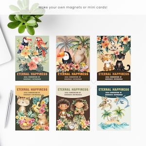 Op de afbeelding: Een verzameling kleurrijke magneten of minikaarten met illustraties van dieren, bloemen en tropische taferelen. Elke kaart toont de tekst "ETERNAL HAPPINESS 2026 CONVENTION OF JEHOVAH'S WITNESSES". De tekst "Make your own magnets or mini cards!" staat bovenaan.