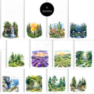 Könnte beinhalten: Eine Sammlung von 12 Aquarell-Landschaftsdesigns, jeweils auf einem linierten weißen Hintergrund. Die Designs umfassen Wasserfälle, Sonnenuntergänge, Kakteen, Lavendelfelder, Weinberge und Wälder. Die Designs sind in verschiedenen Farben gehalten.