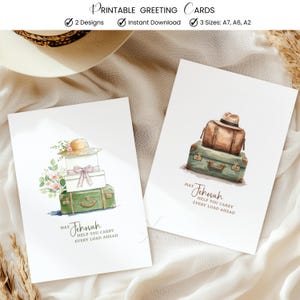 May include: Two printable greeting cards featuring watercolor illustrations of stacked luggage and hats. The cards have the text "May Jehovah Help You Carry Every Load Ahead". The cards are available in 3 sizes and 2 designs.