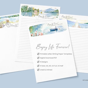 May include: Four sheets of white stationery featuring watercolor illustrations of nature scenes at the top. The text Enjoy Life Forever! Guided Bible Study Course is printed on each. One sheet lists product details including Printable Letter Writing Paper Templates, Digital Download PDF, 4 Designs, 4 Sizes: A4, A5, US Full, US Half, and Lined & Unlined.