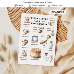 Puede incluir: Tarjeta de felicitación imprimible con una receta en español, con ilustraciones de acuarela de ingredientes y herramientas de repostería. La tarjeta incluye texto como "Receta Dulce Para Los Precursores" y "Descarga instantánea".