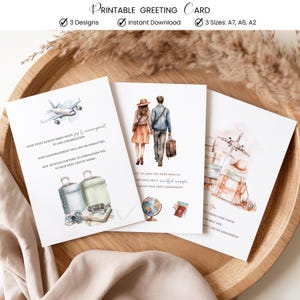 May include: Printable greeting cards with travel-themed illustrations. The cards feature images of suitcases, airplanes, and a couple walking with luggage. Text includes phrases like "Instant Download" and "3 Designs."