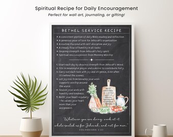 Bethel Service Recipe JW Wall Art Printable Spiritual Encouragement Chalkboard Style Bible Verse Colossians 3:23 Digital Download PDF