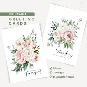 Cartões de condolências, cartão de incentivo para impressão, cartão digital, download instantâneo em PDF, conjunto de cartões florais pensando em você e oração