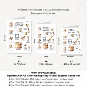 Pu&ograve; includere: Biglietti di ricette stampabili in tre dimensioni: A7 (12,7 x 17,8 cm), A6 (105 x 148 mm) e A2 (10,8 x 14 cm). Ogni biglietto presenta illustrazioni ad acquerello e testo francese. File PDF inclusi.