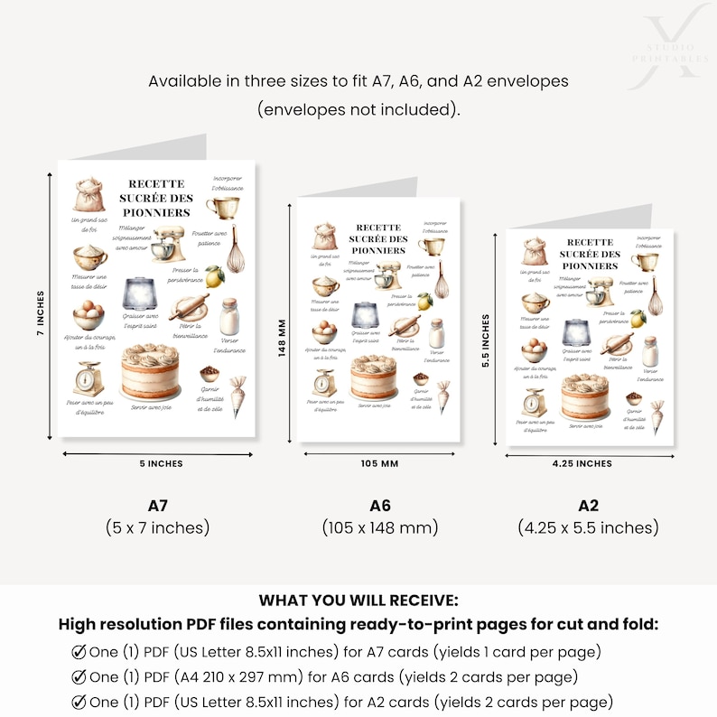 Pu&ograve; includere: Biglietti di ricette stampabili in tre dimensioni: A7 (12,7 x 17,8 cm), A6 (105 x 148 mm) e A2 (10,8 x 14 cm). Ogni biglietto presenta illustrazioni ad acquerello e testo francese. File PDF inclusi.