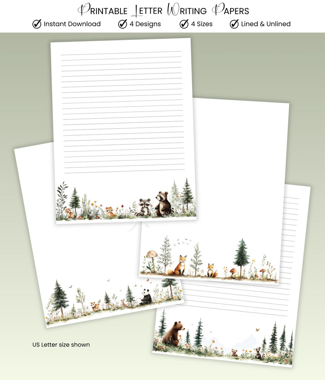 Woodland Forest Animal Stationery Printable Letter Writing Paper Lined ...
