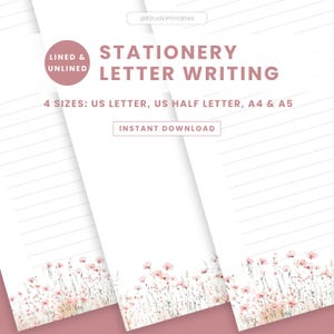 Papel de carta imprimible con borde de flores silvestres n.° 1, papel con membrete rayado y sin rayar, descarga instantánea en PDF, papelería del Ministerio JW