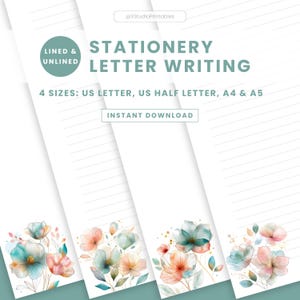 Carta da lettere floreale astratta, carta da lettere stampabile, carta intestata a righe e non a righe, download immediato in PDF, cancelleria ministeriale