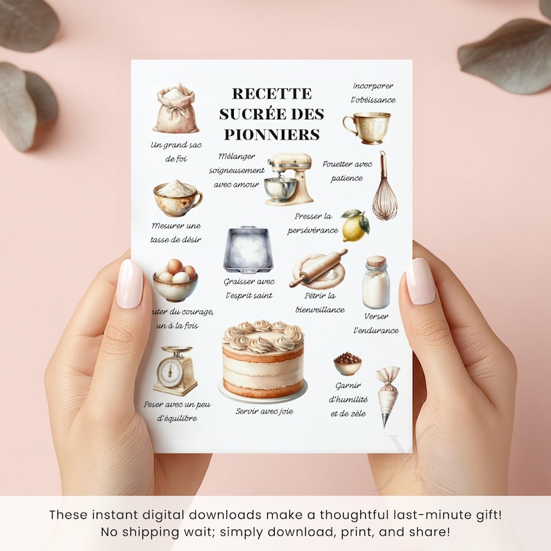Pu&ograve; includere: Una stampa in stile acquerello con illustrazioni a tema panificazione e testo in francese. La stampa include immagini di ingredienti e strumenti, con frasi come "Mescolare con amore" e "Servire con gioia".