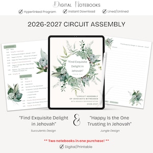 May include: A digital notebook for the 2026-2027 Circuit Assembly of Jehovah's Witnesses. The cover features a watercolour succulent wreath and the text "Find Exquisite Delight in Jehovah". Includes a programme schedule and lined note pages.