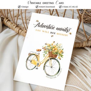 冒険が待っているカード 印刷可能な自転車用花柄お別れカード（デジタルダウンロード）