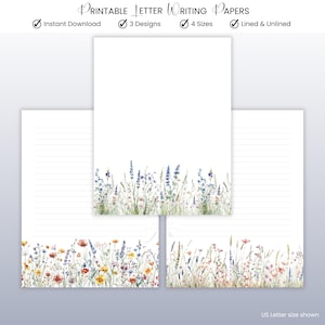 Könnte beinhalten: Druckbare Briefpapiere mit floralen Designs. Die Papiere sind in 3 Designs und 4 Größen erhältlich, einschließlich linierter und unlinierter Optionen. Das Bild zeigt ein Beispiel im US-Letter-Format mit einem Aquarell-Wildblumenrand.