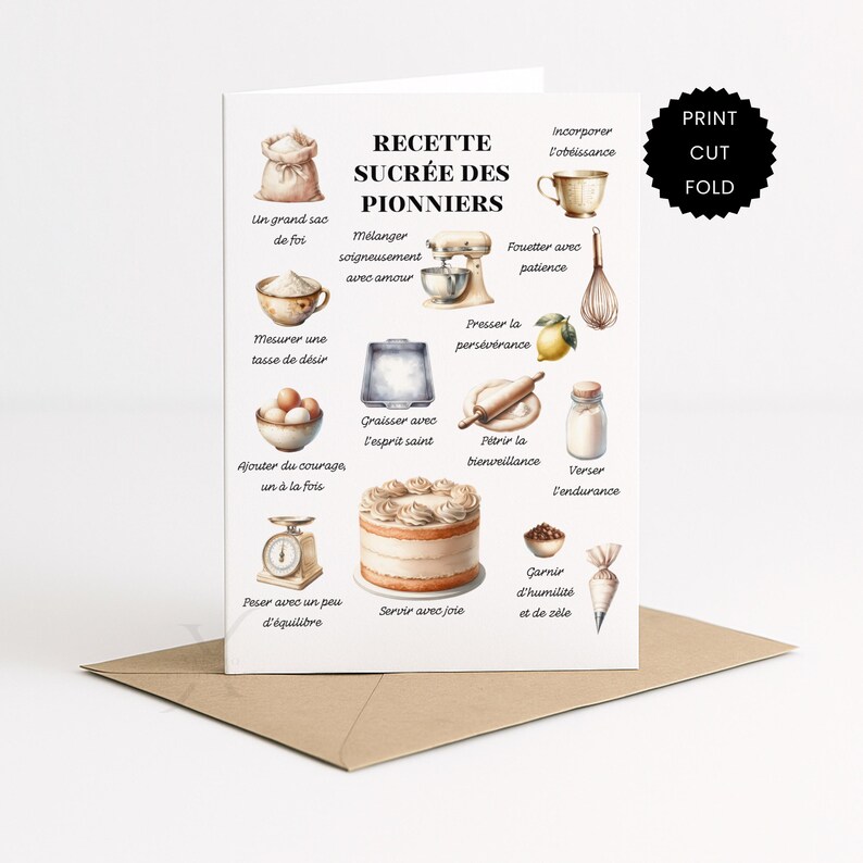 Pu&ograve; includere: Un biglietto di auguri con un'illustrazione ad acquerello di ingredienti e strumenti per la cottura. La carta presenta il testo "RECETTE SUCR&Eacute;E DES PIONNIERS" e le istruzioni in francese. Sotto &egrave; visibile una busta marrone.