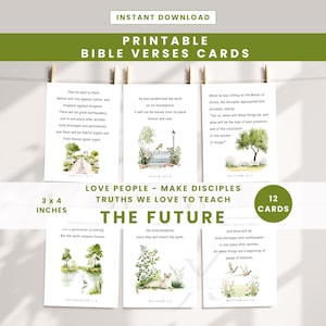 May include: Printable Bible verses cards, 7.6 x 10.2 cm, with watercolour illustrations and text. The cards feature Bible verses about love, discipleship, and the future. Includes 12 cards.