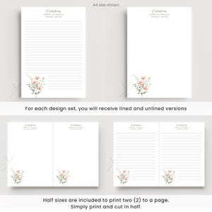 May include: White stationery set with floral accents. The set includes lined and unlined A4 size sheets, and half-size sheets for printing two per page. The design features a delicate floral arrangement in the corner.