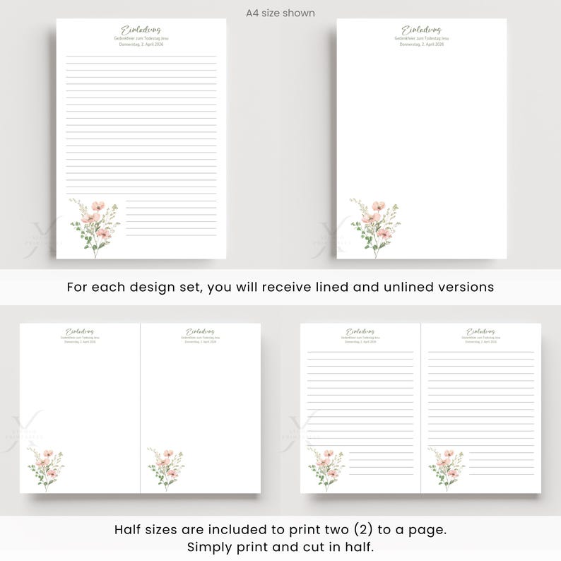 May include: White stationery set with floral accents. The set includes lined and unlined A4 size sheets, and half-size sheets for printing two per page. The design features a delicate floral arrangement in the corner.