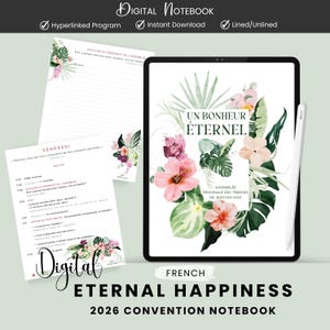 Peut inclure: Cahier numérique avec le texte "Eternal Happiness 2026 Convention Notebook". Le cahier présente des motifs floraux et les mots "Un Bonheur Éternel". Comprend un bloc-notes numérique et un stylet.