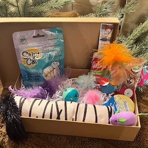 May include: A brown cardboard box filled with cat toys and treats. The box contains a white and black striped cat bed, a purple feather toy, a blue and green ball, a pink pom-pom, a small purple mouse toy, a bag of freeze-dried cat treats, and a small package of catnip.