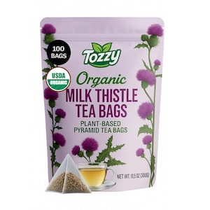 May include: A purple and white pouch with a green logo that says "Tozzy" and the text "Organic Milk Thistle Tea Bags". The pouch contains 100 plant-based pyramid tea bags and has a USDA Organic seal. The pouch also features a picture of a cup of tea and a tea bag.