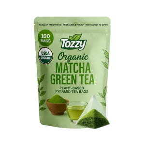 May include: A green resealable pouch of Tozzy Organic Matcha Green Tea with 100 plant-based pyramid tea bags. The pouch features a USDA Organic seal and a picture of a cup of green tea and a tea bag.