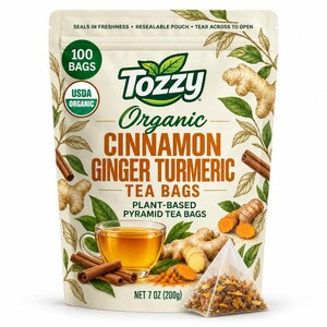 Bolsitas de té orgánico de cúrcuma, jengibre y canela: 100 bolsitas piramidales de origen vegetal.
