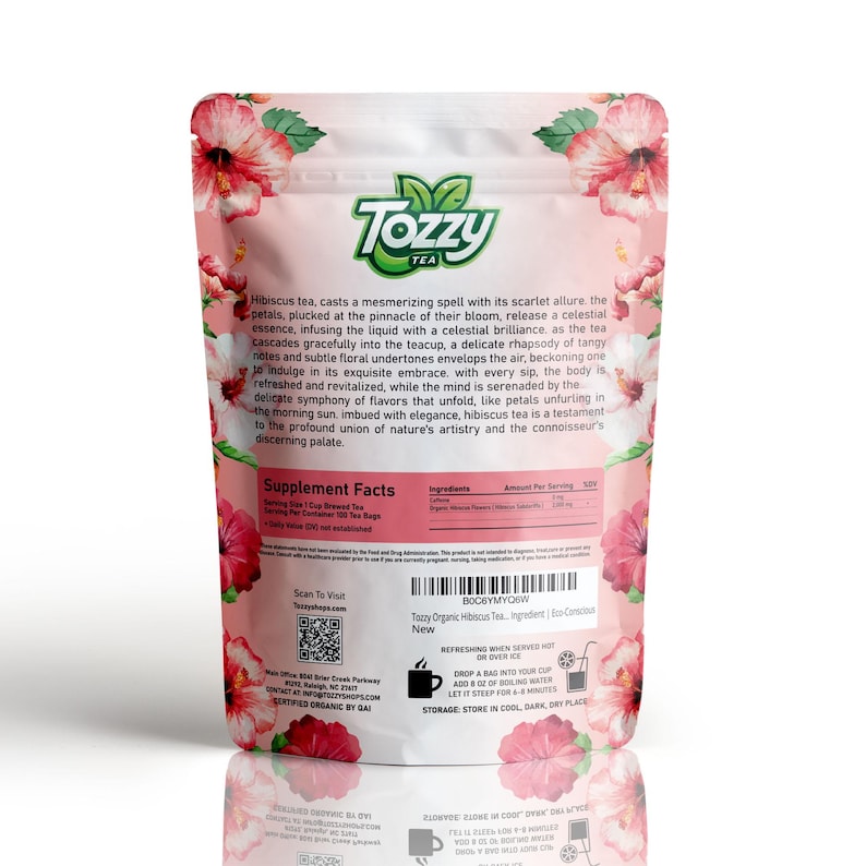 May include: A pink and green pouch with a hibiscus flower design. The pouch contains Tozzy Organic Hibiscus Tea. The back of the pouch includes information about the tea, including the ingredients, supplement facts, and brewing instructions. The text on the pouch reads "Tozzy Tea", "BOCSYMYOSW", "New", "Refreshing when served hot or over ice", "Drop a bag into your cup", "Add 8 oz of boiling water", "Let it steep for 4-8 minutes", "Storage: Store in cool, dark, dry place".