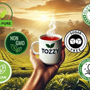 May include: A white ceramic mug with the word "TOZZY" printed on it, filled with a steaming red liquid. The mug is surrounded by green leaf-shaped labels with text such as "100% PURE", "USDA ORGANIC", "NON GMO", "VEGAN", "GLUTEN FREE", "SUGAR FREE", "ADDITIVES FREE", and "100% NATURAL".