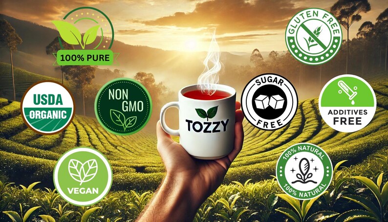 May include: A white ceramic mug with the word "TOZZY" printed on it, filled with a steaming red liquid. The mug is surrounded by green leaf-shaped labels with text such as "100% PURE", "USDA ORGANIC", "NON GMO", "VEGAN", "GLUTEN FREE", "SUGAR FREE", "ADDITIVES FREE", and "100% NATURAL".