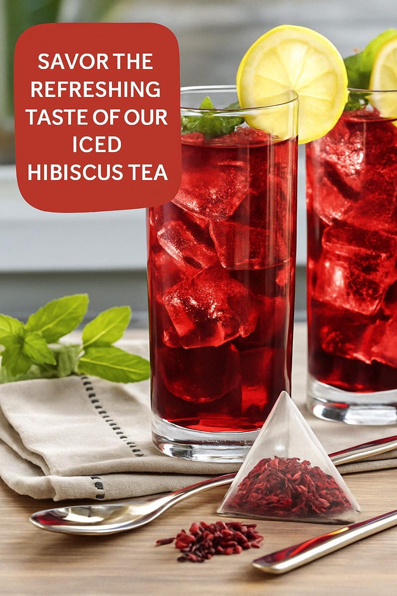 May include: Two glasses of iced hibiscus tea with lemon wedges and ice cubes. The text "Savor the refreshing taste of our iced hibiscus tea" is displayed on a red background.