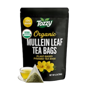 May include: A black bag of 100 USDA Organic Mullein Leaf Tea Bags. The bag features a green logo with the word "Tozzy" and the text "Plant-Based Pyramid Tea Bags". The bag also shows a close-up of a yellow flower and a pyramid tea bag.