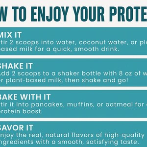 May include: A teal and white infographic titled "HOW TO ENJOY YOUR PROTEIN." It provides instructions for mixing, shaking, baking, and savoring protein powder. Each method is accompanied by an illustration.