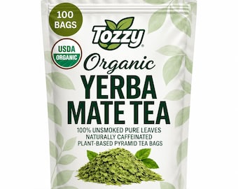 May include: A white stand-up pouch of Tozzy Organic Yerba Mate Tea containing 100 plant-based pyramid tea bags. The packaging features green leaf graphics, the text 100 BAGS, USDA ORGANIC, and states 100% UNSMOKED PURE LEAVES, NET WT 7 OZ.