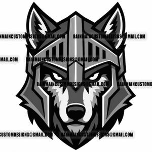 May include: A grayscale illustration of a wolf's head wearing a helmet. The wolf has a stern expression with piercing eyes. The design is a bold, graphic style, suitable for apparel or logos. The email address rainmaincustomdesigns@gmail.com is repeated around the image.
