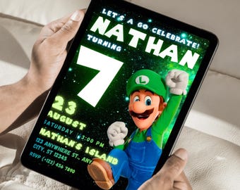 Luigi Theme Birthday Invitation PNG Bday Party Editable Invite Canva Template Digital Download
